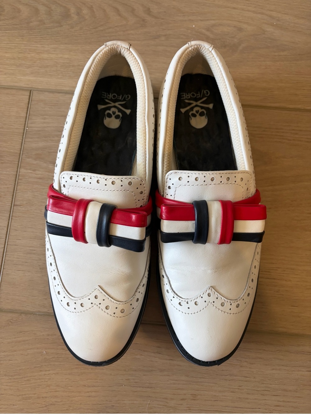 G/FORE White Loafers with Red and Navy Band Accent